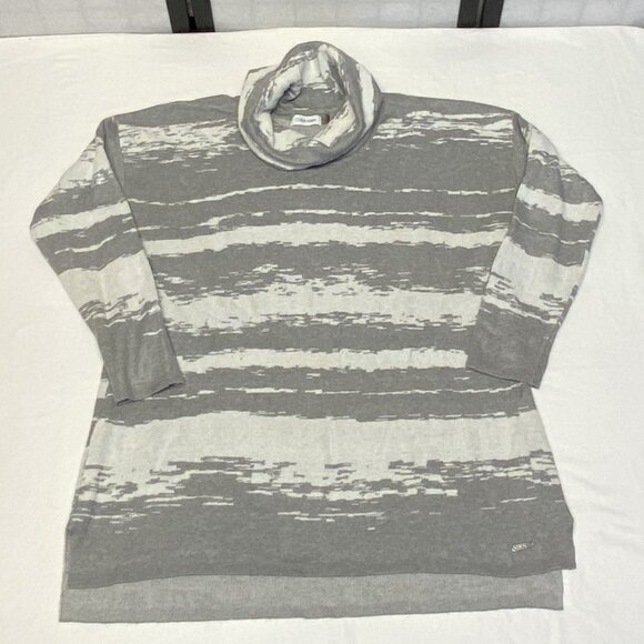 Calvin Klein Cowl Neck Hi Low Knit Tunic Sweater Long Sleeve Swirl Grey White L - Picture 7 of 12